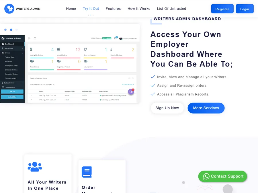 WritersAdmin freelancing platform dashboard